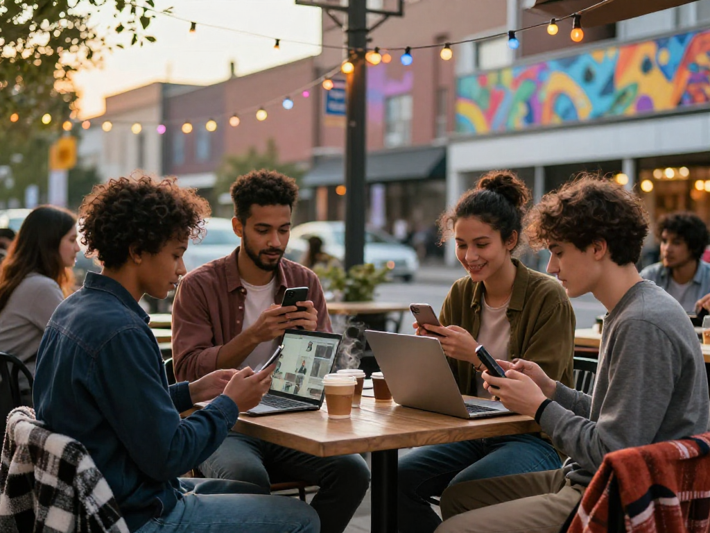 Engaging scene of people enjoying pink chat video conversations in a cozy café.