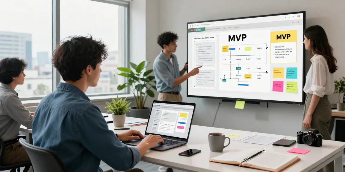 Startup team collaborating on mvp development service in a modern office with UI/UX prototypes.