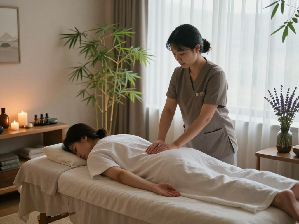 Expert 강동구출장마사지 therapy session in a calming wellness space with ambient lighting and soothing elements