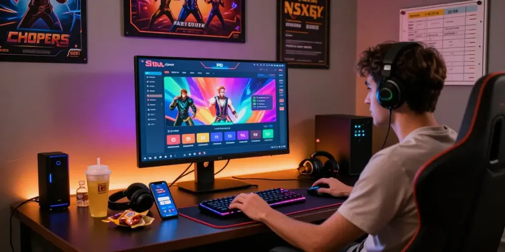 Pengalaman bermain di Situs PG dengan gamer menikmati permainan slot online di ruang gaming modern.