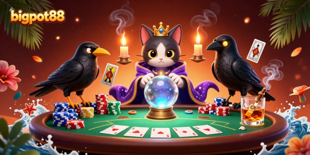 Rasakan pengalaman bigpot88 dengan kucing mistis, burung gagak, dan elemen poker yang menarik.