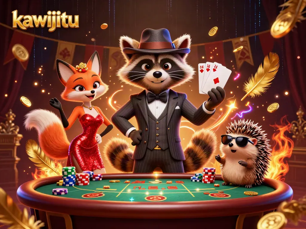 Engage with kawijitu's vibrant poker scene featuring a raccoon holding a royal flush.