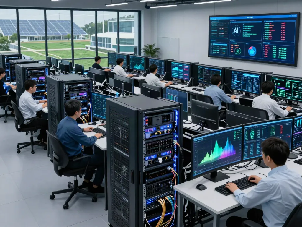 AI data center showcasing GPU racks and professionals monitoring energy efficiency in a modern facility.