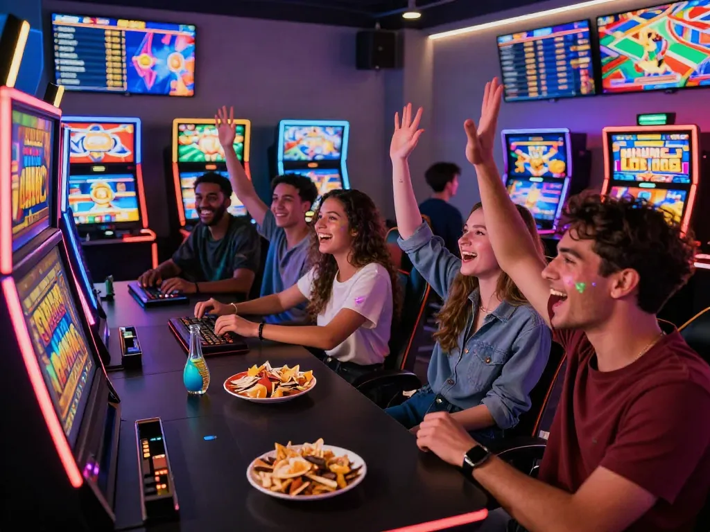 Friends enjoying an exciting slot game session surrounded by colorful machines and snacks.