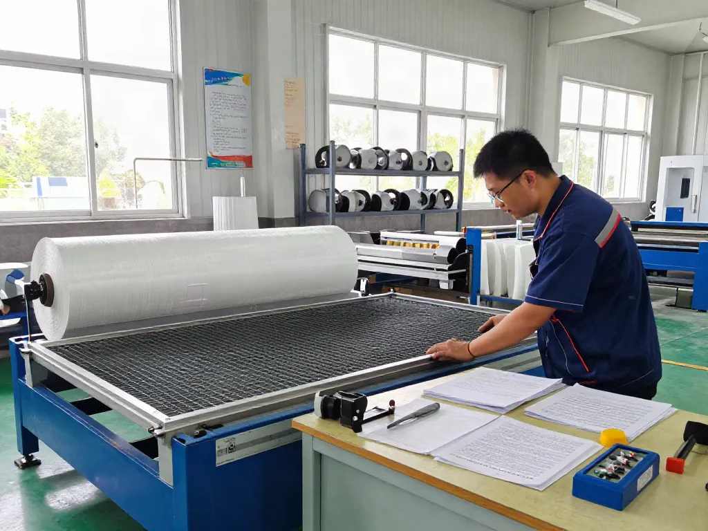 Engineered Composites GRP manufacturing scene with technician inspecting grating in a modern factory.