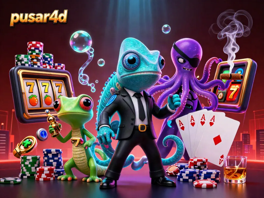 Experience pusar4d excitement with chameleon agents surrounded by vibrant slot machine elements.