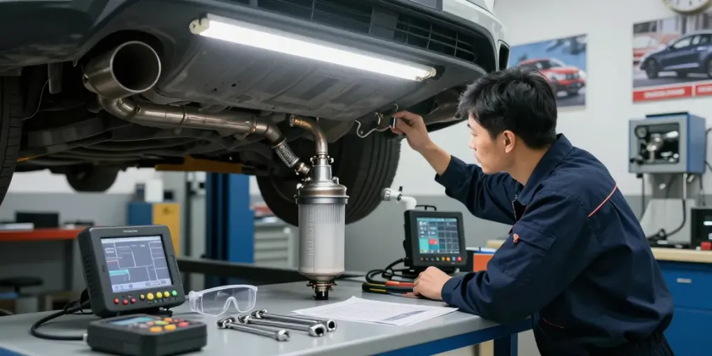 Mechaniker inspiziert den DPF während der DPF-Regeneration in der Werkstatt.
