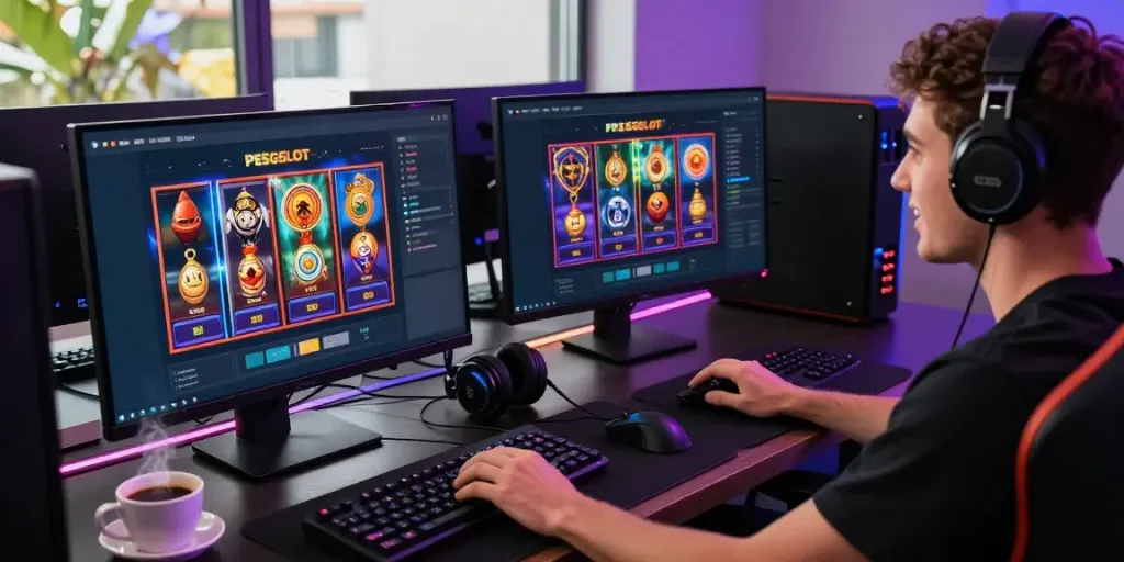 PESGSLOT online gaming interface showcasing colorful slot games with user engaged.