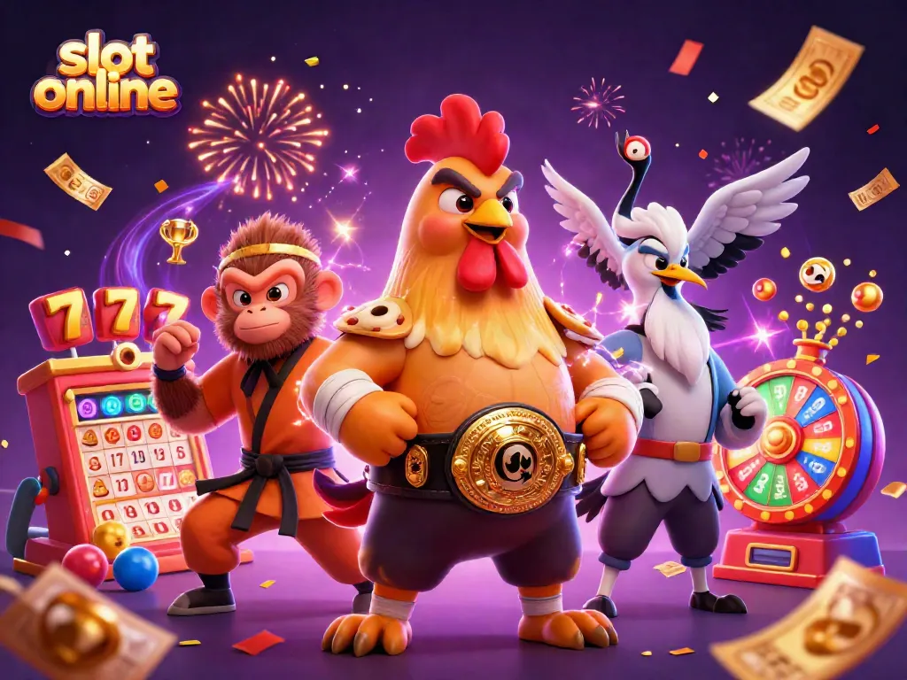 Menangkan jackpot dengan slot online, ilustrasi karakter 3D di kasino yang ceria.
