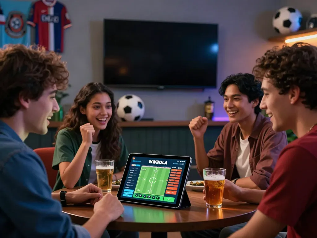 Excited friends analyzing soccer odds on WWBOLA in a vibrant lounge setting.