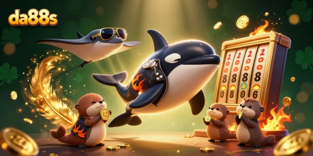 Experience thrilling wins at da88s with animated characters celebrating surrounded by casino elements.