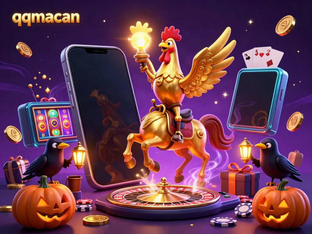 Experience the thrill of qqmacan at a vibrant casino with a golden rooster, spectral horse, and dynamic gambling elements.