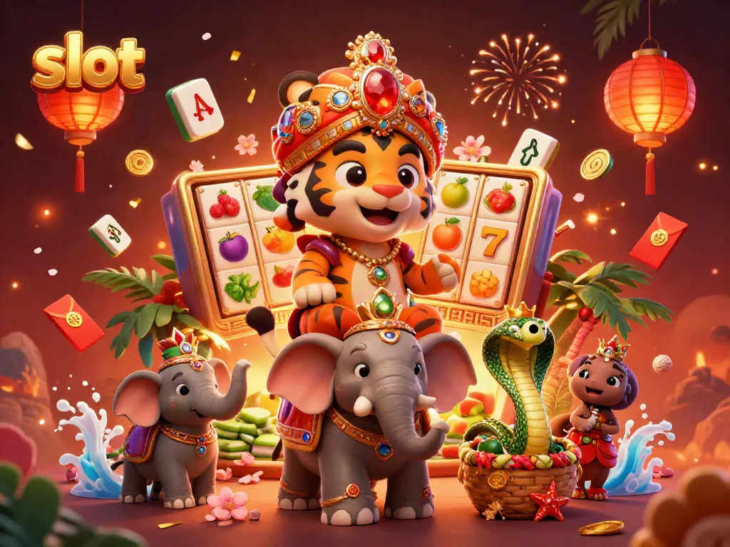 Slot mesin dengan elemen judi, ditampilkan oleh harimau maharaja dan gajah, menambah keseruan permainan.