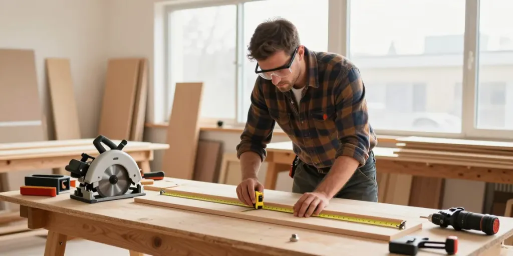 Carpentry Services Sydney with a carpenter measuring wood in a bright workshop.