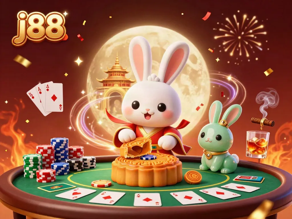 Celebrate winnings with the j88 moon rabbit pounding mooncakes revealing poker chips in a casino scene.