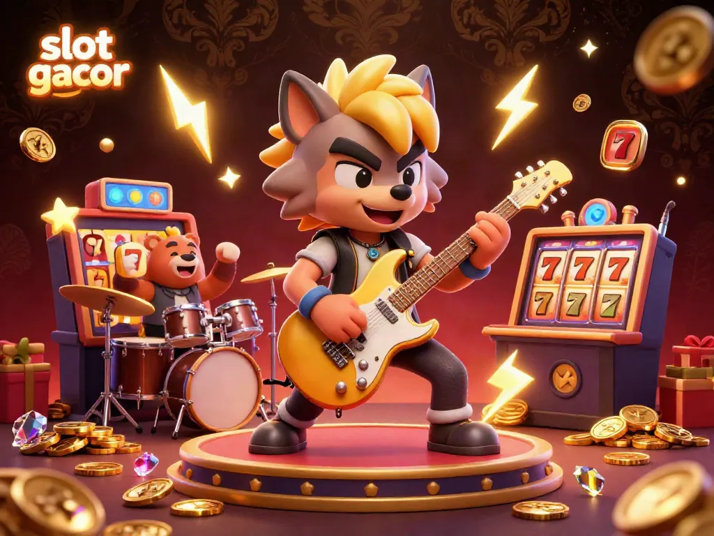 Experience the excitement of slot gacor with a vibrant 3D scene showcasing a rock star wolf and drummer bear in a dynamic casino atmosphere.