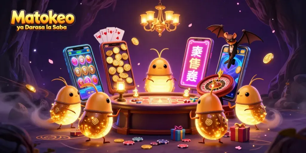 Play and win insights from Matokeo ya Darasa la Saba in a vibrant casino scene with animated glowworms.