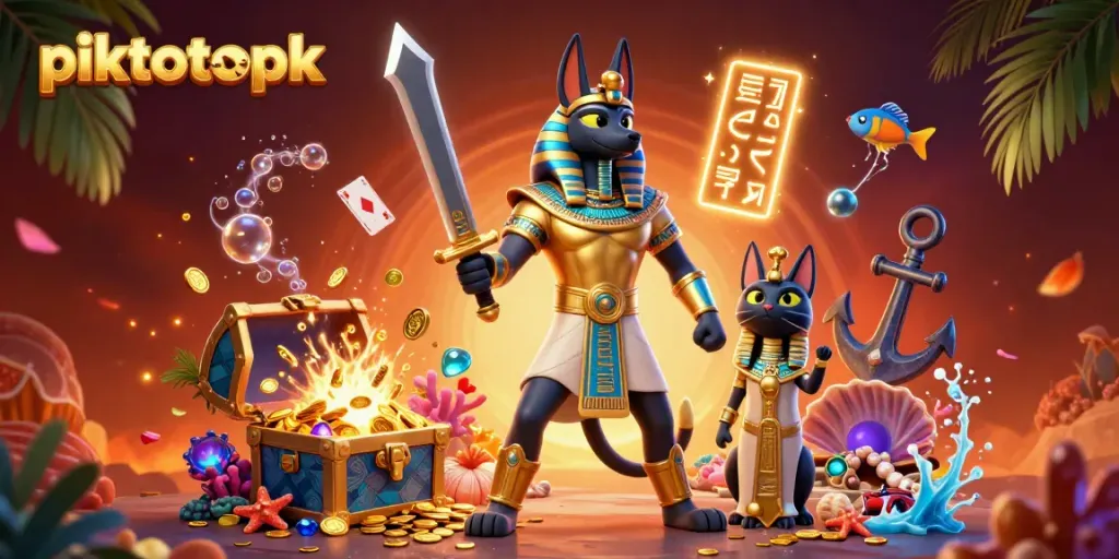 Experience thrilling gameplay with piktotoapk featuring a dynamic 3D casino scene with ancient Egyptian characters and treasures.