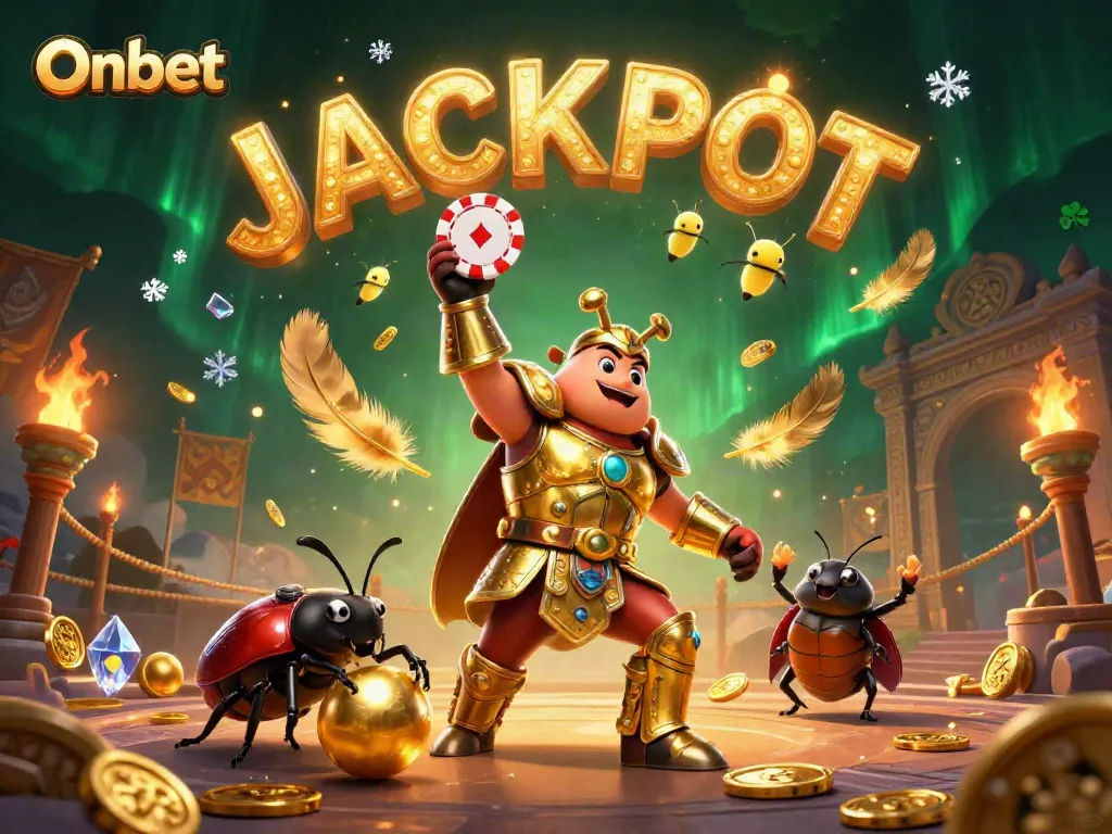 Engage in thrilling adventures with Onbet as a victorious hercules beetle lifts a poker chip.