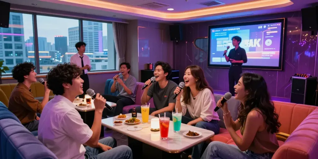 강남 달토 가라오케에서 친구들과 즐거운 노래 시간을 보내는 모습