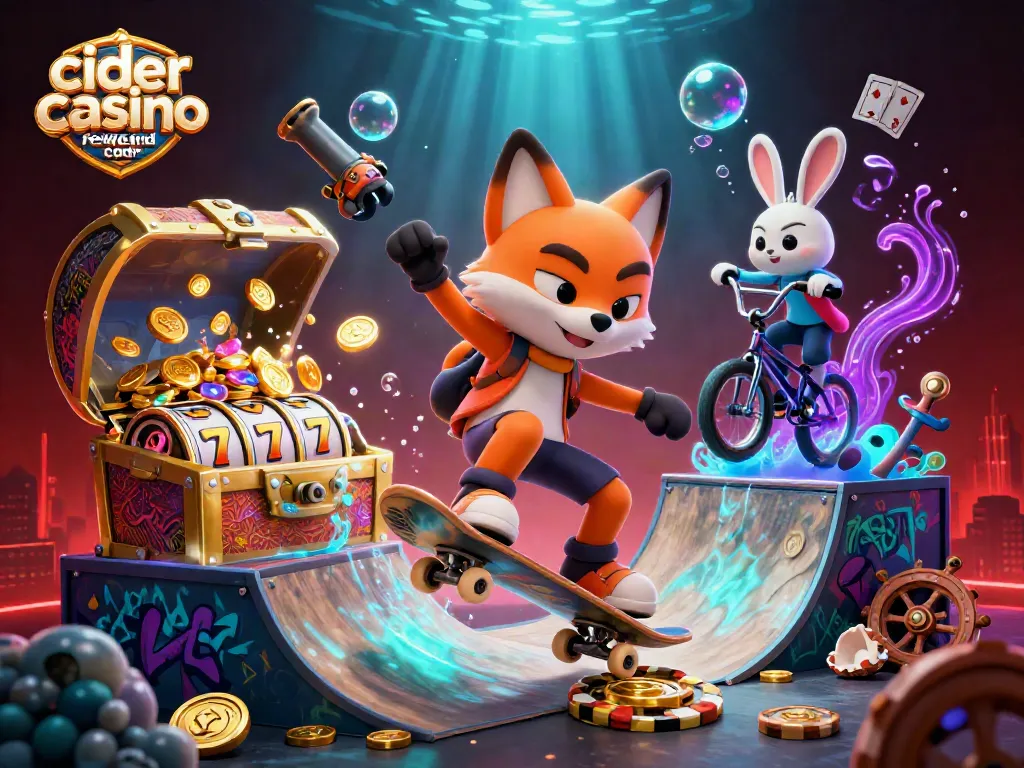 Experience the excitement of the cider casino reward code with vibrant characters and dazzling casino elements.