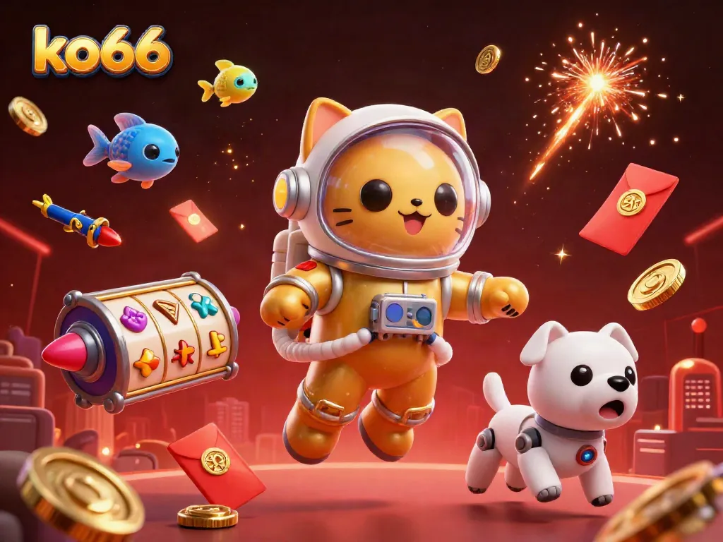 Engage with the vibrant gambling universe of ko66 through an exciting 3D illustration featuring an astronaut cat and robot dog.