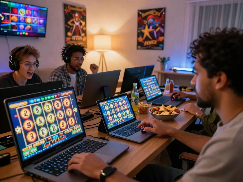Excited players enjoying slot online gacor games on high-definition screens at home.