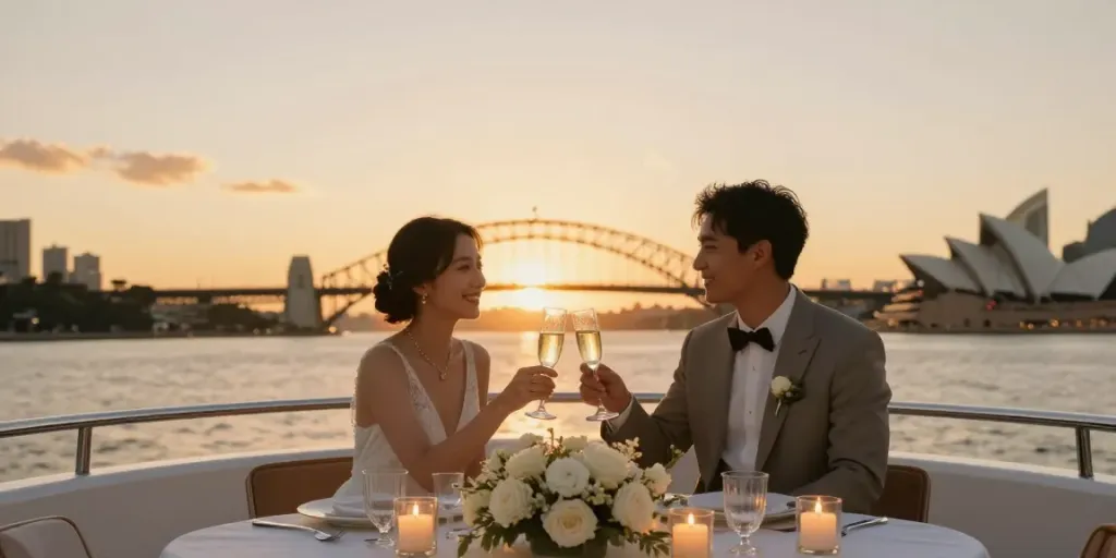 Engaged couple on a proposal boat cruise Sydney celebrating with champagne at sunset.