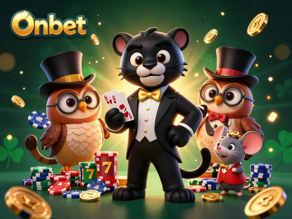 Experience thrilling casino action with Onbet's animated card dealer, casino elements, and vibrant characters.