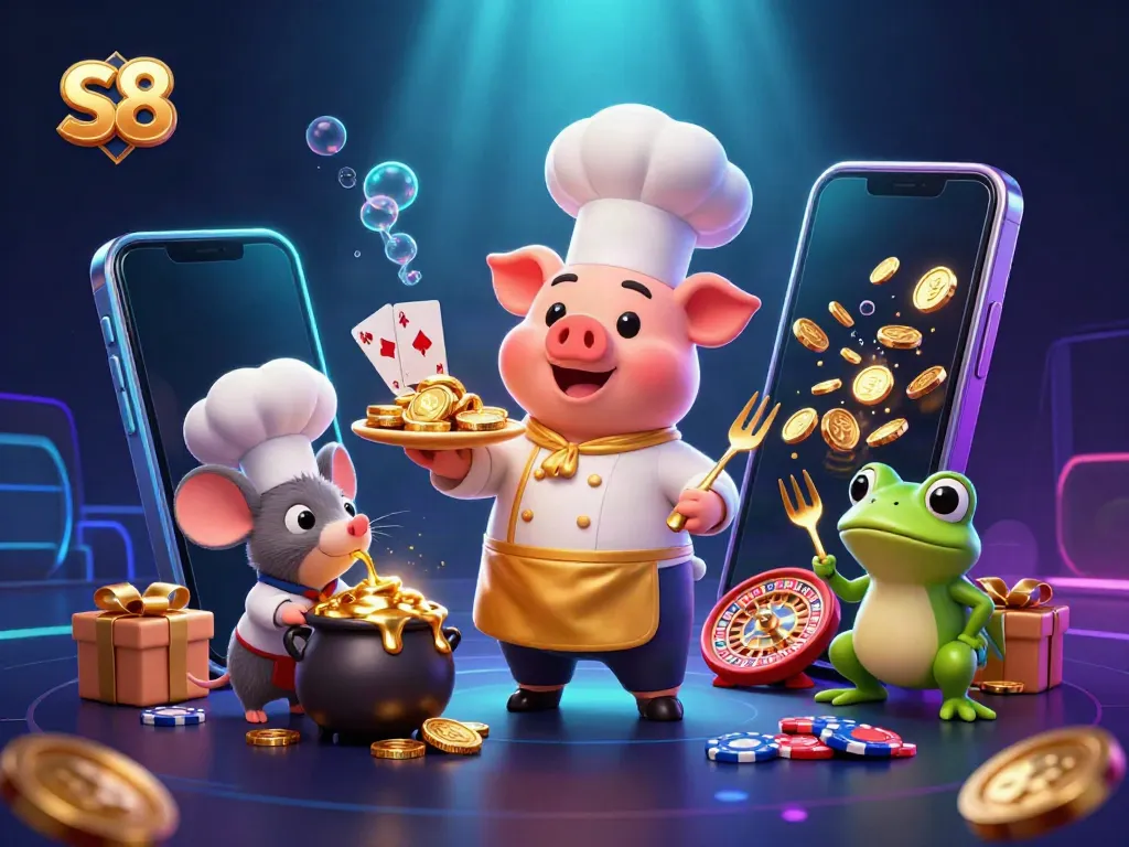 Experience the thrill of s8 casino gaming through a vibrant 3D illustration featuring a gourmet gold coin feast.