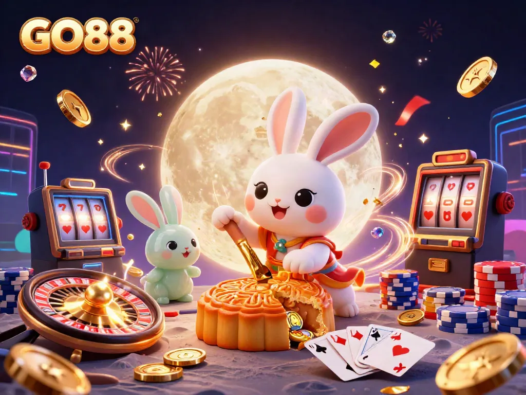 Spin and win with GO88 in this vibrant 3D digital casino scene featuring a moon rabbit.