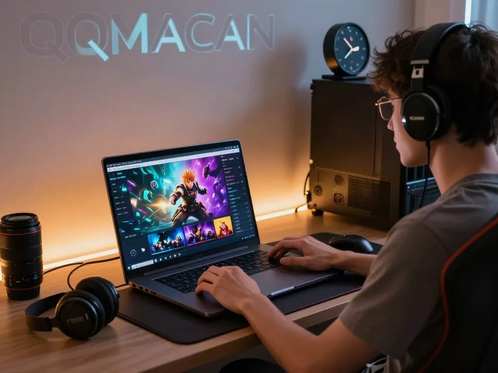 User engaging in qqmacan login on a sleek laptop in a modern gaming setup with vibrant graphics and ambient lighting.